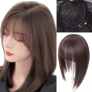 NOVELLEO Hair Extensions Long Straight Clip in Topper Fake Bangs Natural Synthetic Hair Bangs Seamless Clourse Toupee Hairpiece With Bangs for Women