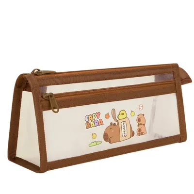 BAG ENTER TP90 Pouch Tempat Pensil Jaring Transparan Capybara Double Layer Large Capacity Zipper Pencil Case Cosmetic Bag