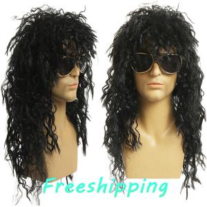 baoxue Men Wig Black Long Curly Wig Male Synthetic Cosplay Wigs Puffy High Fiber Machine for Rock Party Fluffy Nightclub Bar Wig