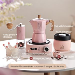 BINCOO Double Valve Moka Pot with Stove Brewing Coffee Pot Home Hand Brewing Coffee Pot Set Manual Coffee Grinder Espresso Appliance Set 2Cups
