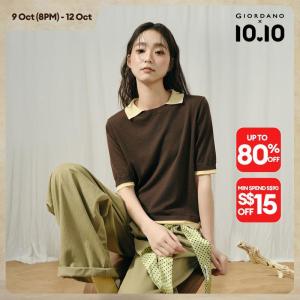 Giordano Women Fake two-piece contrast short sleeve knitwear Free Shipping 18356314
