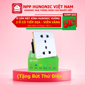 Ổ Cắm Hunonic Vuông Âm Tường Viền Vàng Mặt Kính Cường Lực 2 Ổ Cắm Có Tiếp Địa