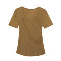 YIMEI Fashion short-sleeved mesh top Women's 2023 summer new design sense Slim fit sexy V-neck top Khaki T-shirt. 