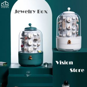 Vision Jewelry Storage Box Stand 360 Rotate Earrings Necklace Display Rack Household Large Capacity Jewelry Hair Accessories Organizer Double Layer Dustproof Transparent Jewelry Display Shelf
