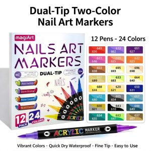 12PCS Dual-Tip Two-Color Nail Art Markers Quick-Drying Water-Based Pens Acrylic Paint Marker