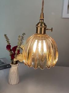 Japanese Retro Full Copper Glass Amber Small Flower Single Head Bedroom Bar Table Restaurant Milk Tea Nordic Simple Pendant Light