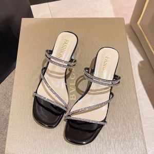 [Free Shipping] Rhinestone Sandals New Summer Styles For Women Featuring Chunky Heels And A Versatile Two-Way Design