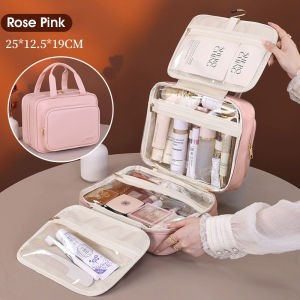 HXR Portable Makeup Bag Large Capacity Handbag PU Leather Waterproof Dry-wet separation Multi-layer Hanging Cosmetic Bag