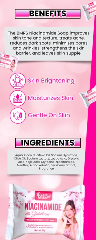 bmrs niacinamide with glutathione soap ORIGINAL BMRS Niacinamide with Glutathione Premium Whitening Soap with 10x  Whitening and Moisturizing/Anti- acne marks Anti-Acne Brightening  Moisturizing Soap - Lazada