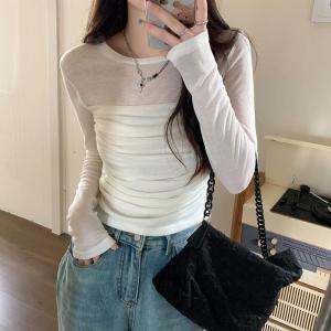 Mesh Long-Sleeved t-Shirt Women Fashion Slim Bottoming Shirt  Short Thin T-shirt Top W458