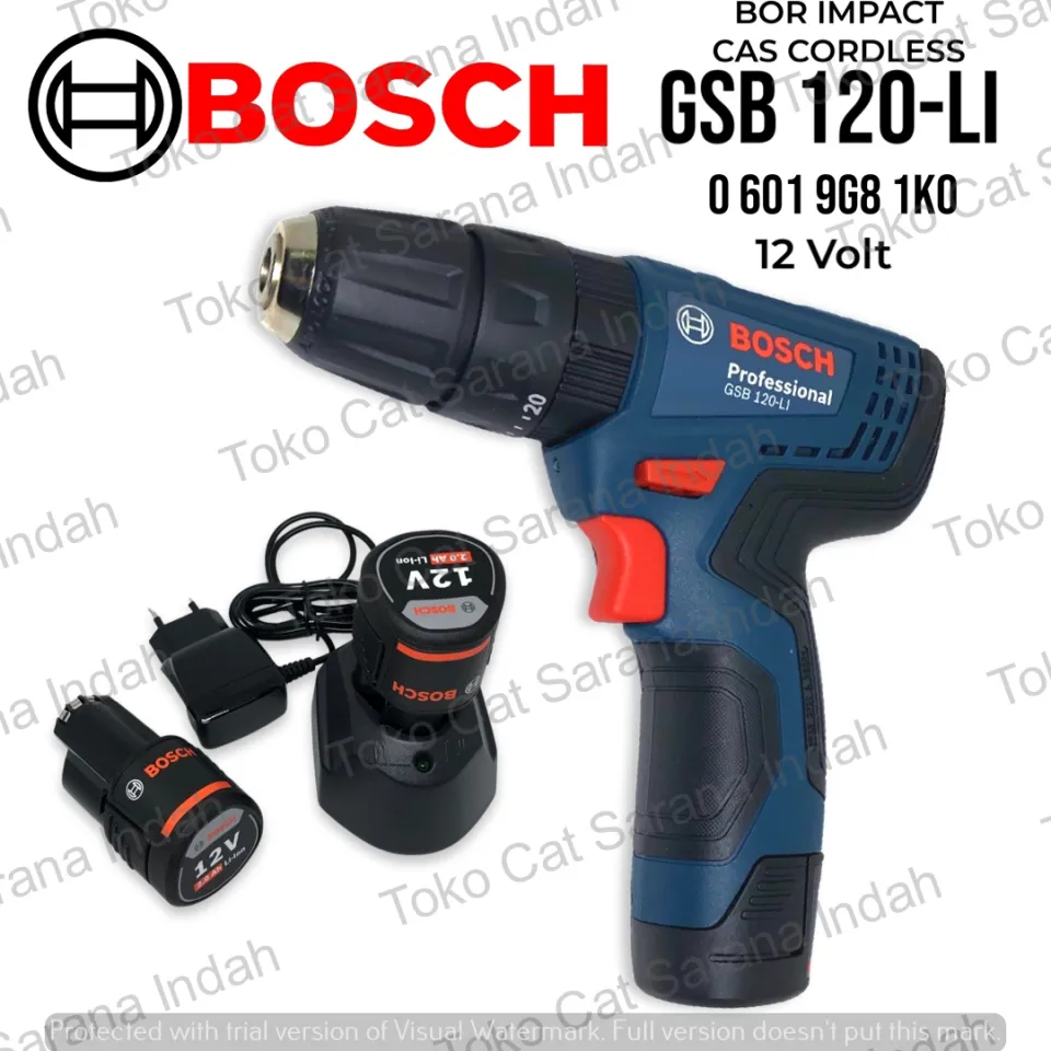 BOSCH GSB 120-Li CORDLESS IMPACT DRILL 12V BATTERY BOR CAS LISTRIK LENGKAP  BATERAI CHARGER BOR IMPACT GSB120 -Li