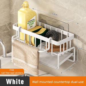 Kitchen Sink Drainage Rack Sponge Storage Holder Non Perforated Belt Rod Stainless Steel Sink Organizer Self Adhesive Heavy Duty Adhesive Towel Dishwasher Cloth Holder for Kitchen Bathroom Toilet Clutter organizer