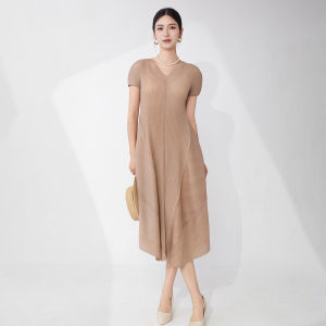 Miyake French-style High-end V-neck Elegant Waist Slimming Loose Irregular Dress #25516zsj--4107