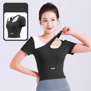 FEELCOOLSPORT Oblique shoulder color matching yoga short-sleeved fitness nude skin-friendly with chest pad sports outdoor tight-fitting quick-drying top