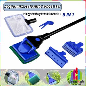 HB 5 In 1 Fish Tank Cleaning Kit Algae Scraper Fish Net Sponge Plant Fork Gravel Rake
