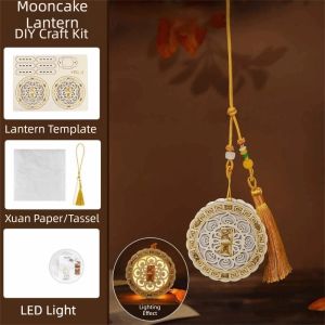 Millictd mid autumn lantern diy 中秋节灯笼 Handmade Wooden Mooncake Lantern Luminous Portable Glow Festival Decor Pendant Light Hanging Glowing Handheld Flower Lamp Moon Festival