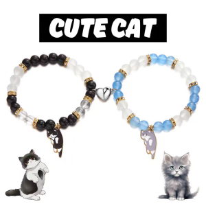 Adjustable Couple Magnetic Cat & Heart Beaded Bracelets Set Perfect Matching Gift For Gift