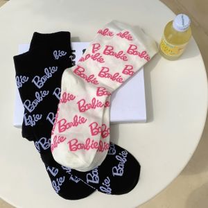 Kawaii Barbie Pink Series Cute Girl Letter Striped Embroidery Mid Tube Socks Women Casual Autumn Winter Warm Versatile Sock Gift