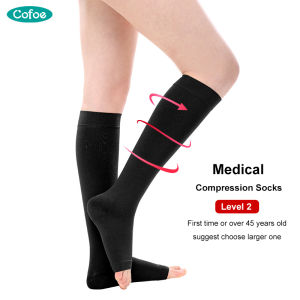 Cofoe 1 Pair Medical Calf Compression Socks Level 2 Elastic Varicose Vein Sock 23-32 mmHg Pressure Below Knee Open Toe Leggings Compression Stockings for Men Women Anti-varicose Veins Eliminate Edema