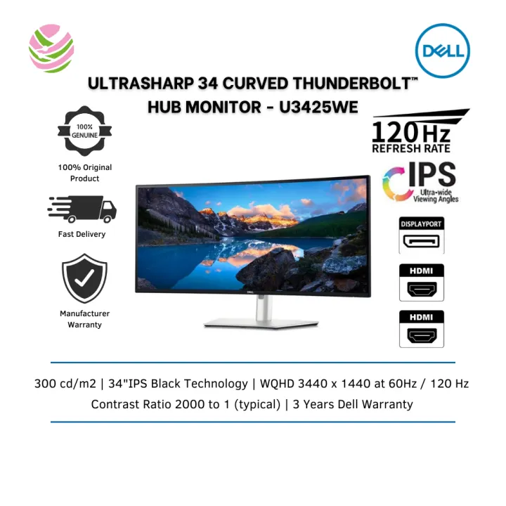 Dell U3425WE UltraSharp 34" WQHD 3440 x 1440 Curved Screen USB C Thunderbolt Hub 5MS IPS Monitor with Speakers