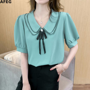 AFEG new Korean style bowknot fashion loose and versatile short-sleeved blouse for women