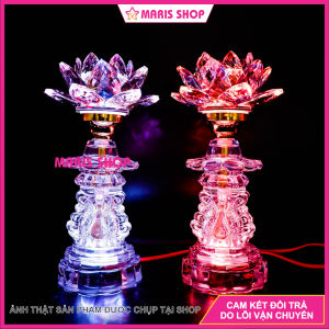 [Giá một cặp] Bộ 2 Đèn Hoa Sen Pha Lê Nguyên Khối Để bàn Thờ Phật Đèn Hoa Sen Đèn Thờ Cúng Cao 26cm [MRHT32-VUONG]