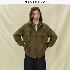 Giordano Women Faux Suede Hooded Loose Knitted Jacket with Geometric Embroidery Free Shipping 18375818