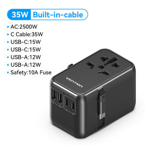 Vention Universal Travel Adapter 65W 35W GaN Charger International Adapter Extension Cable 2 pin 3 pin Power Plug Socket for China Japan Korea Australia US UK Travel Converter