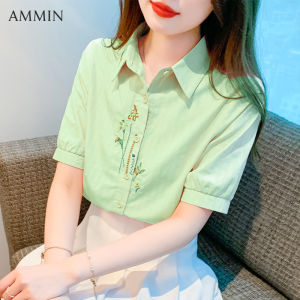 AMMIN 2023 Summer new simple lapel fashion Embroidery plant flower short sleeve commuter chiffon shirt Woman Korean style sweet puffed sleeve fabric elegant blouse
