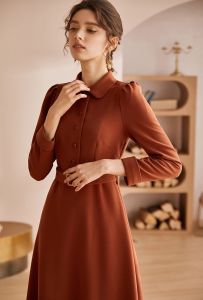 Đầm cam đất cổ sơ mi xòe tay đài kèm đai eo