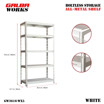 Galba Works 5 Layer Boltless All Metal Storage Shelf Rack 120x40x180cm | Heavy Duty Steel Shelving Organizer | GW4816-WX5 White