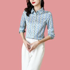 Rayon Satin Is Smooth and Soft Geometric Print Blue White Womens Long Sleeve Shirt Casual Work Tops