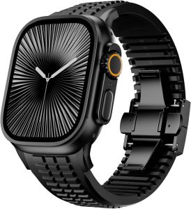 Silicone Watch Band Compatible with iWatch Ultra 2 / Ultra/Series 10 9 8 7 (44mm 45mm 46mm 49mm) Sport bands with Folding buckle Rugged Heavy Duty Modern Design for Men