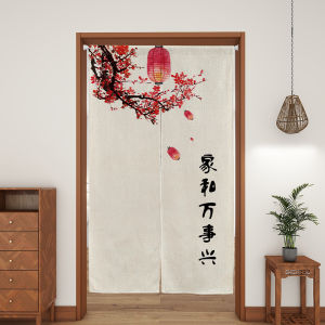 ม่านประตูผ้าลินินแบบหนาลายท้องทุ่งสไตล์จีนการ์ตูนคลาสสิกลายดอกไม้พืชสีเขียวม่านประตูเหมาะกับสำหรับห้องนั่งเล่น/ห้องนอน/ห้องครัว