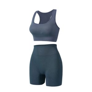 GOXBERK 2 Pieces Seamless Workout Outfits High Waist Short Ribbed Crop Matching Active Set Casual Leggings Tracksuit Women