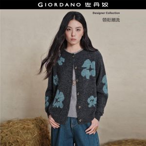GIORDANO Women Cardigans Contrast Floral Jacquard Cardigans Crewneck Stretchy Fashionable Casual Loose Cardigans 18356818