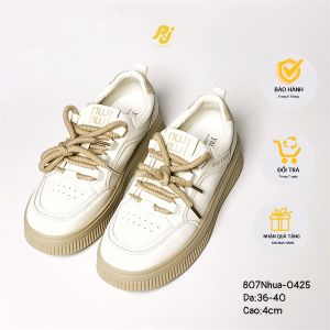 Giày thể thao cao 4cm đế bằng cột dây viền màu da - PJ - (807nhua)