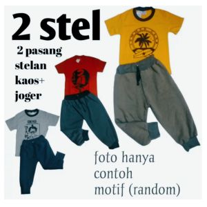 2 setelan anak laki kaos kombinasi celana panjang jogger trening umur 1-5 tahun
