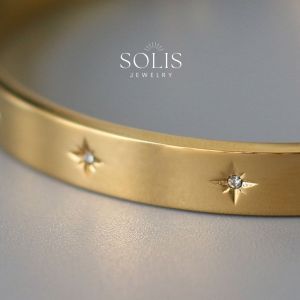 Non-Fade Starburst Diamonds Gold Cuff Bangle • Minimalist Stainless Titanium Steel • Gift For Her BR400