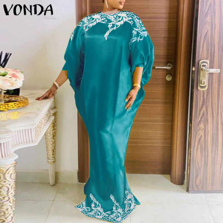 VONDA Women s Casual Satin Silky Mock Neck Puff Sleeve Maxi Dresses Plus Size Lazada PH