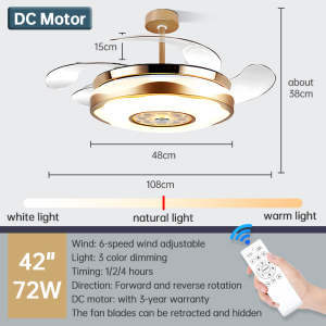 GEJIESE 42inch black ceiling fan with light modern design 3 color dimming 6-speed wind hidden fan blades ceiling fan with led lights and remote for living room dinning room bedroom
