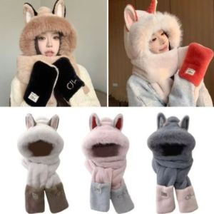 THANKSKY 2/3Pcs Thường ngày Khăn quàng cổ mũ găng tay cho phụ nữ Dễ thương Dày Bộ mũ khăn choàng lông Cổ ấm áp Mũ trượt tuyết Mũ vải lông hoạt hình Mùa đông
