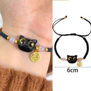 2Pcs Lucky Money Cat Bracelet Cat Head Crystal Beads Weaving Bracelet Braided Rope Gold Hollow Fu Character Hand Rope Couple Jewelry Valentines Day Gift