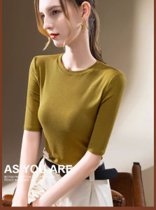 เสื้อยืดแขนสั้นทรงสลิมผู้หญิง เสื้อเชิ้ตผู้หญิงคอปกตั้งขนาดเล็กบางสวมใส่ได้