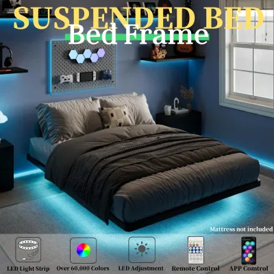 LED Floating Bed Frame with Built‑in RGB Ambient Lighting Modern Floating Platform Bed Base Heavy‑Duty Metal Frame