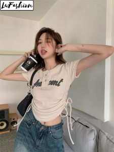 LuFashion Tops for Women Summer Slim Drawstring Style Short Sleeve Design Print Casual T-Shirts