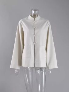 Linad Chinese Style Khaki Stand Collar Shirts Vintage Single-Breasted Split Blouse Women Casual Buttons Long Sleeve Tops Female2026