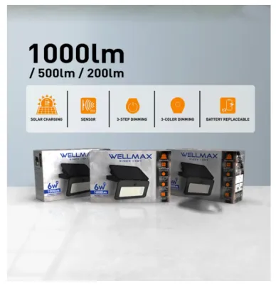 WELLMAX Solar Light Outdoor Waterproof 3-Color Dimming Auto-on Motion Sensor Solar Charging Light for Garden Wall