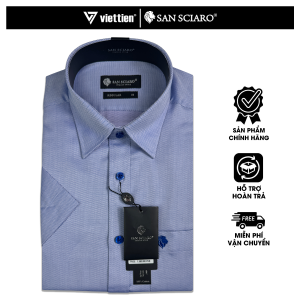 SAN SCIARO - Áo Sơ Mi Tay Ngắn Màu Xanh Dương Caro Regular Lai Bầu Quà Tặng Nam Việt Tiến Cao Cấp