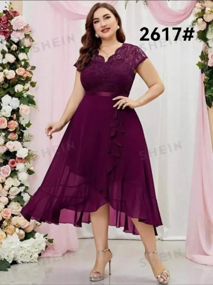 Plus Size Wedding Dress Lace Plain Blue Pink Wine Red Short Sleeve Elegant  Midi A Line Dresses For Women